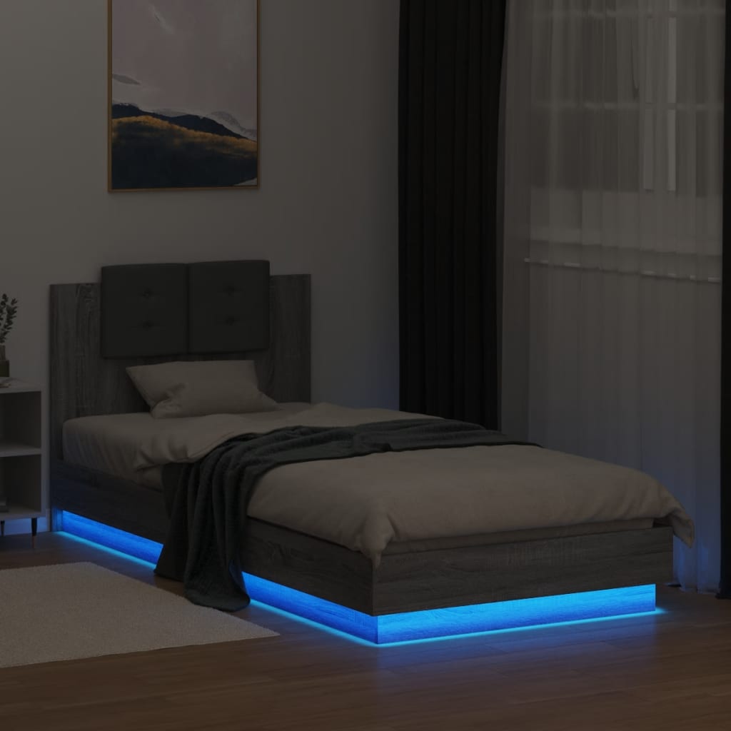 Sengeramme med hodegavl og LED-lys grå sonoma 100x200 cm