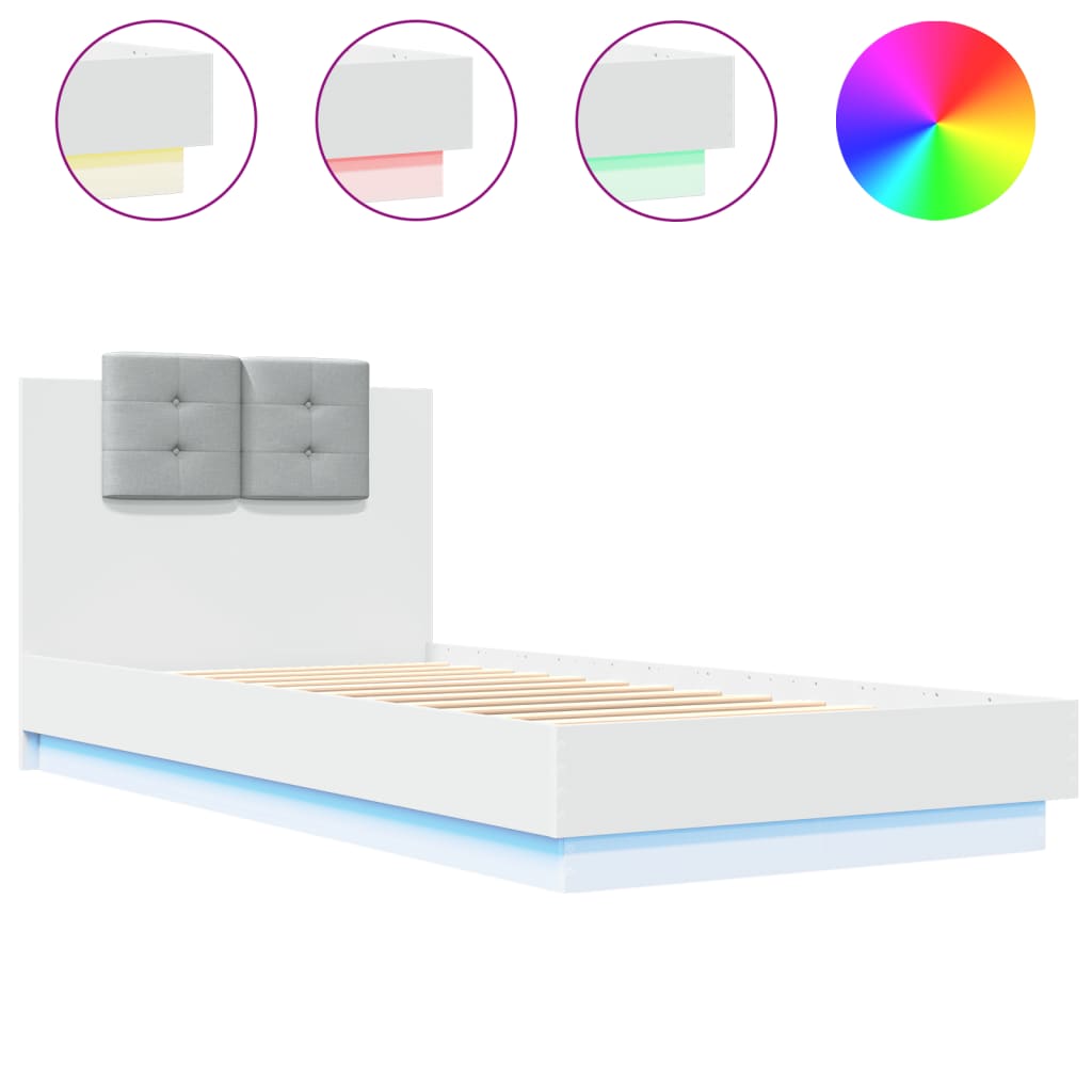 Sengeramme med hodegavl og LED-lys hvit 90x200 cm