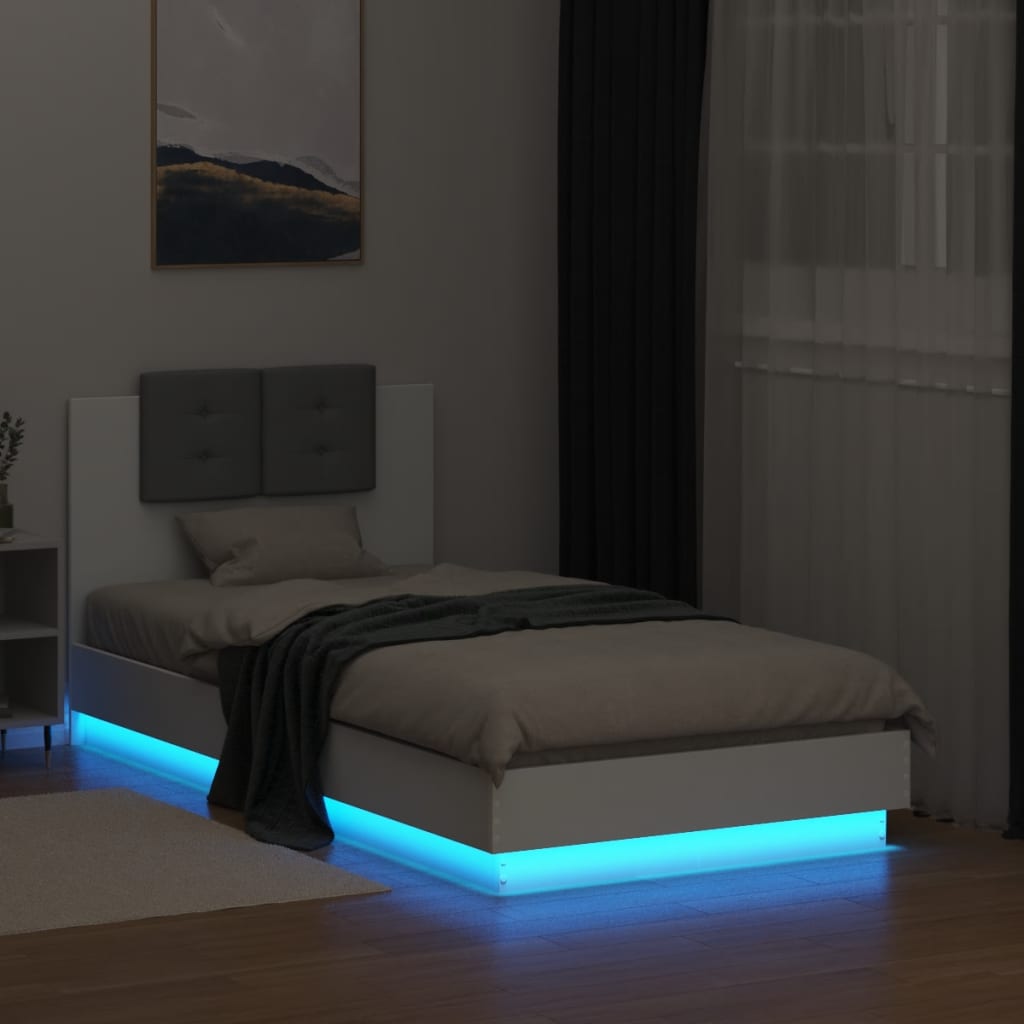 Sengeramme med hodegavl og LED-lys hvit 90x190 cm
