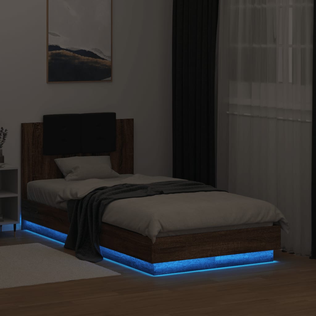 Sengeramme med hodegavl og LED-lys brun eik 90x190 cm
