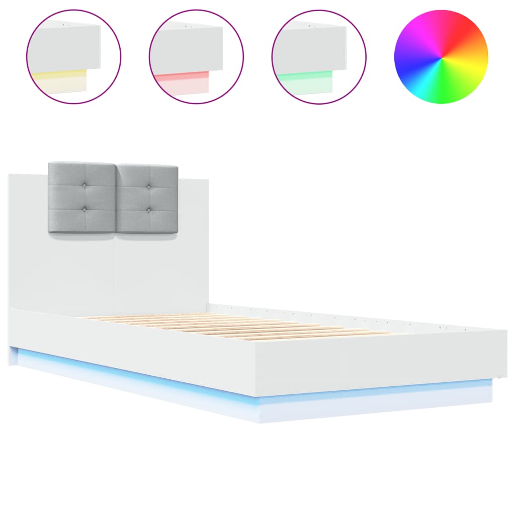 Sengeramme med hodegavl og LED-lys hvit 75x190 cm