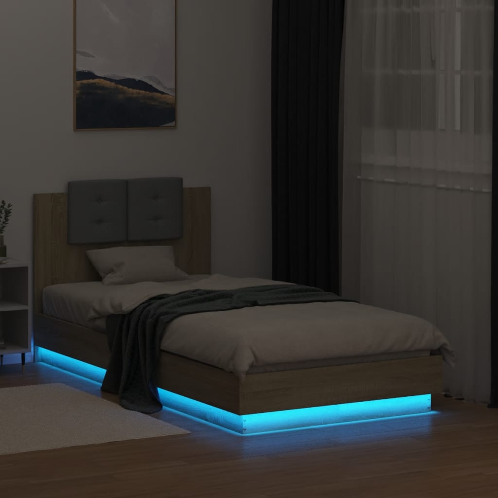 Sengeramme med hodegavl og LED-lys sonoma eik 75x190 cm