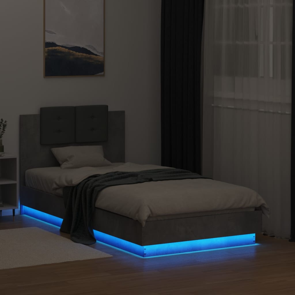 Sengeramme med hodegavl og LED-lys betonggrå 75x190 cm