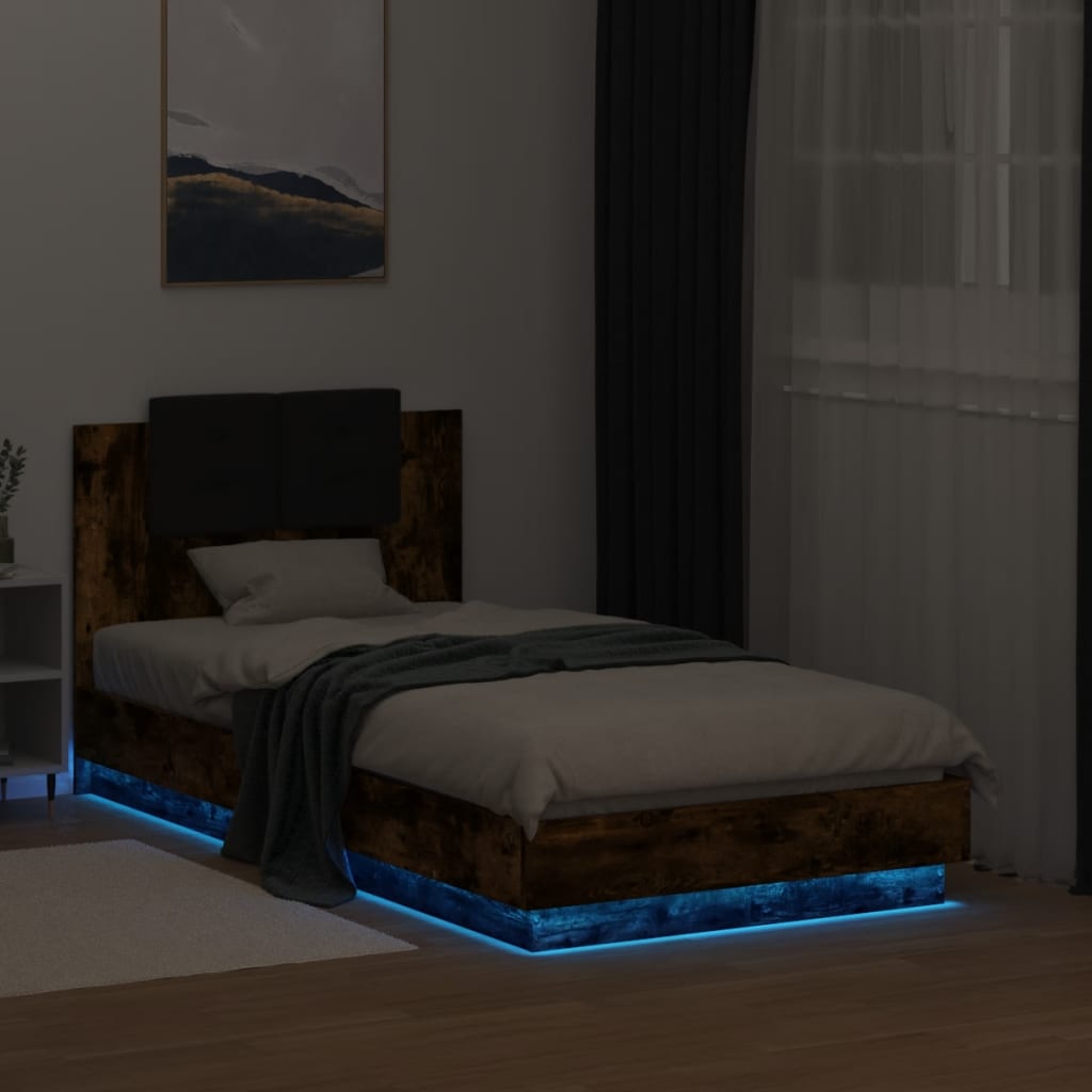Sengeramme med hodegavl og LED-lys røkt eik 75x190 cm