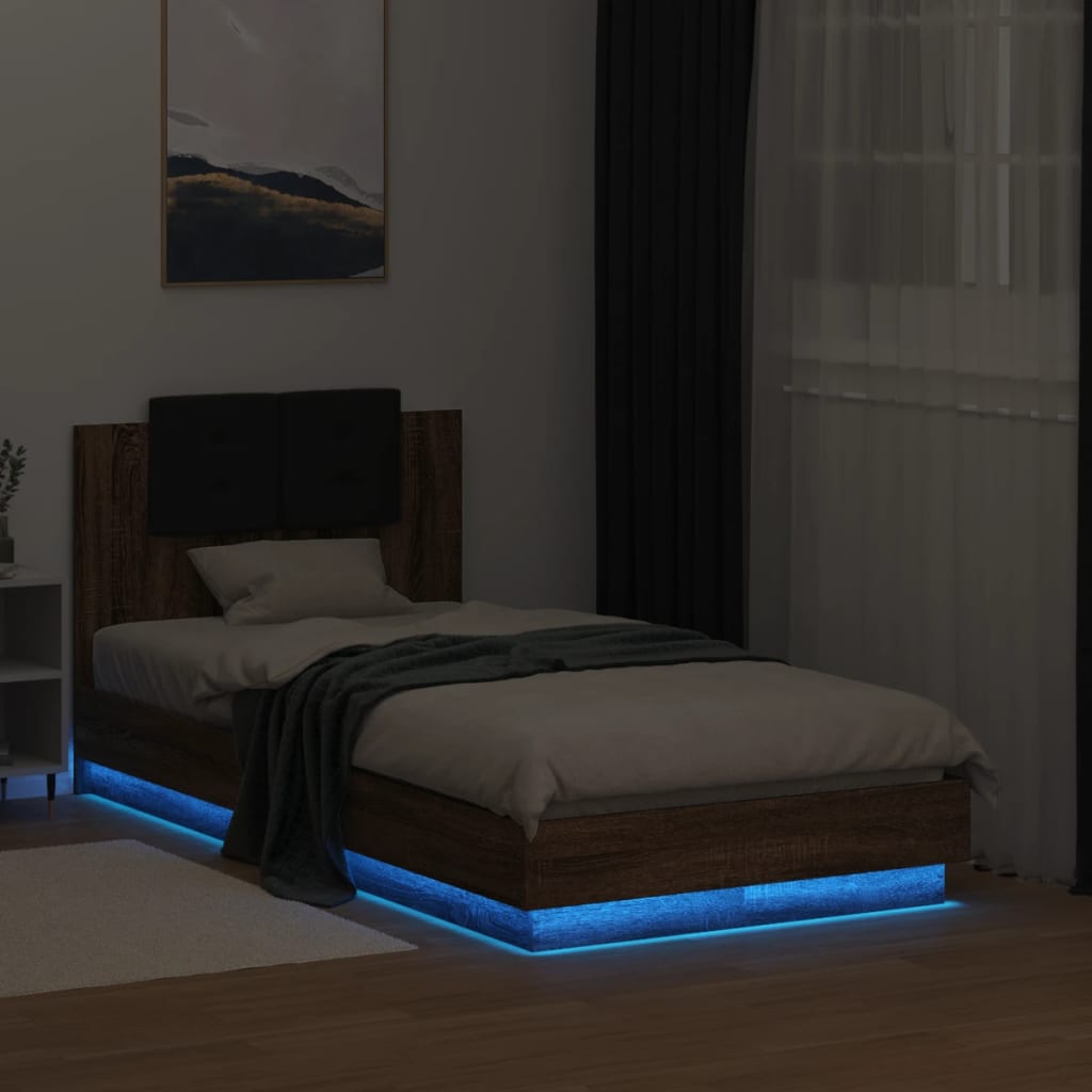 Sengeramme med hodegavl og LED-lys brun eik 75x190 cm