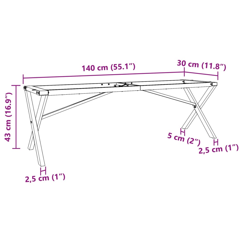 Ben for salongbord X-ramme 140x30x43 cm stål