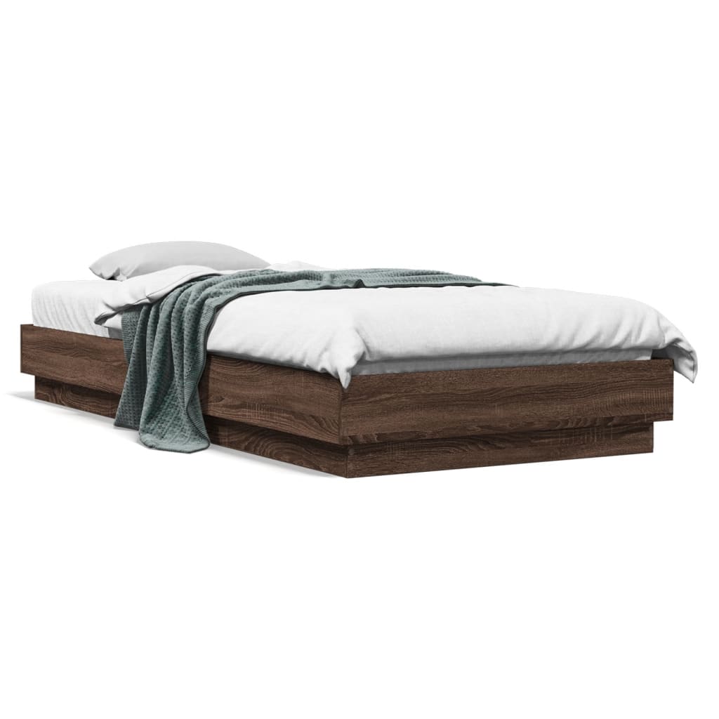 Sengeramme med LED-lys brun eik 90x200 cm