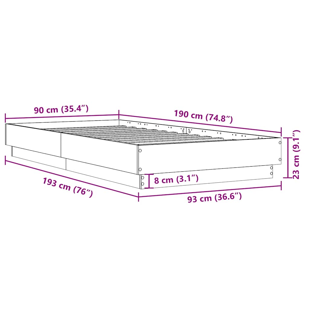 Sengeramme uten madrass sonoma eik 90x190 cm konstruert tre