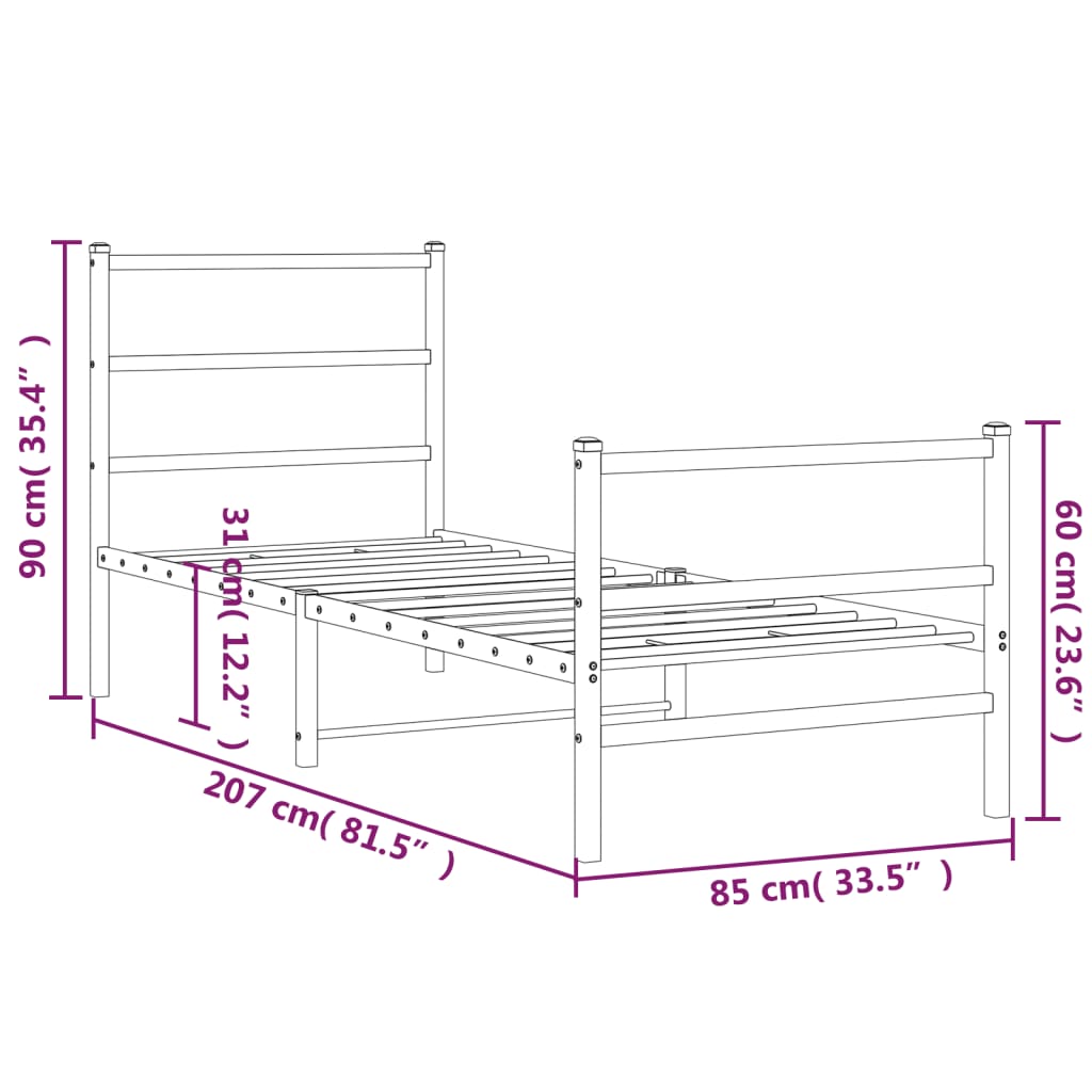 Sengeramme i metall med hode- og fotgavl svart 80x200 cm
