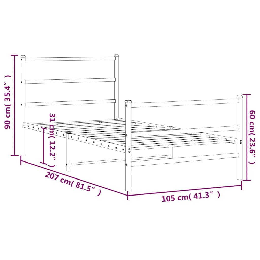 Sengeramme i metall med hode- og fotgavl hvit 100x200 cm