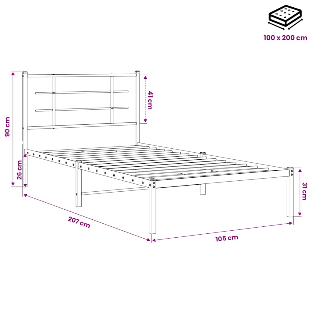 Sengeramme i metall med hodegavl svart 100x200 cm