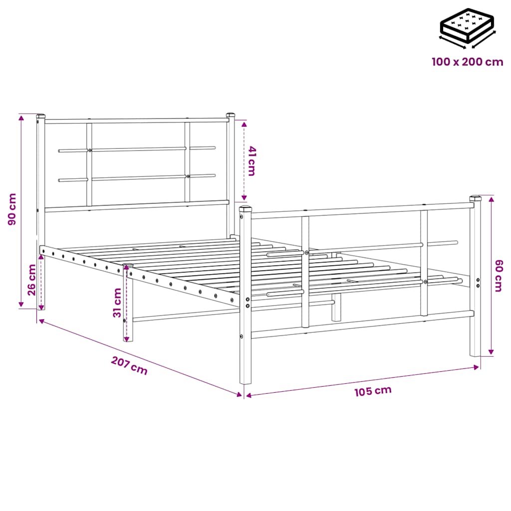 Sengeramme i metall med hode- og fotgavl svart 100x200 cm