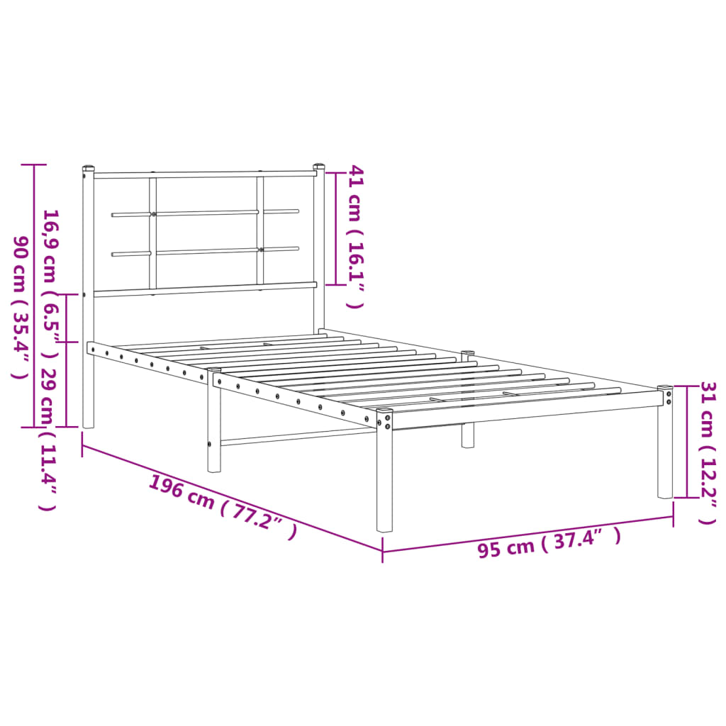 Sengeramme i metall med hodegavl hvit 90x190 cm vidaXL