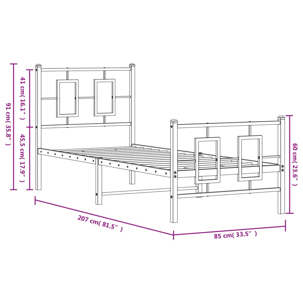 Sengeramme i metall med hode- og fotgavl hvit 80x200 cm
