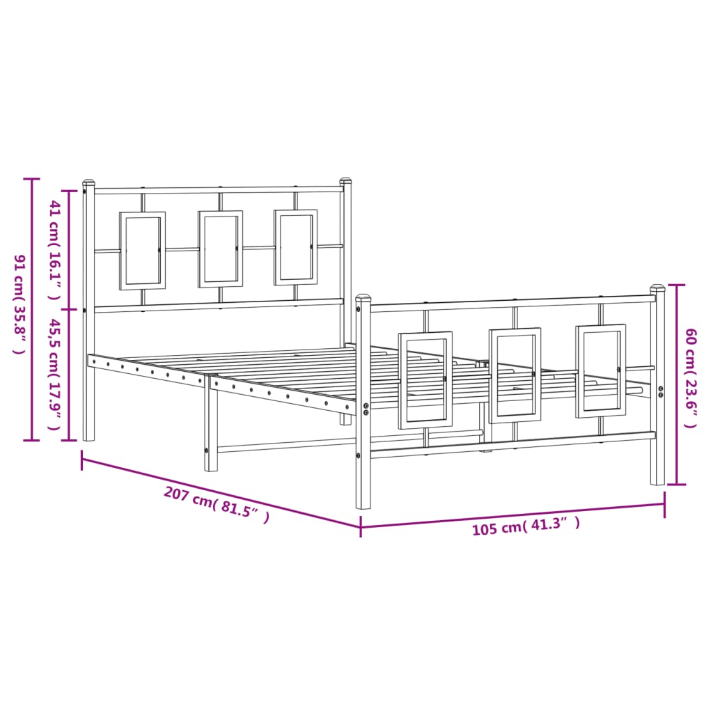 Sengeramme i metall med hode- og fotgavl hvit 100x200 cm