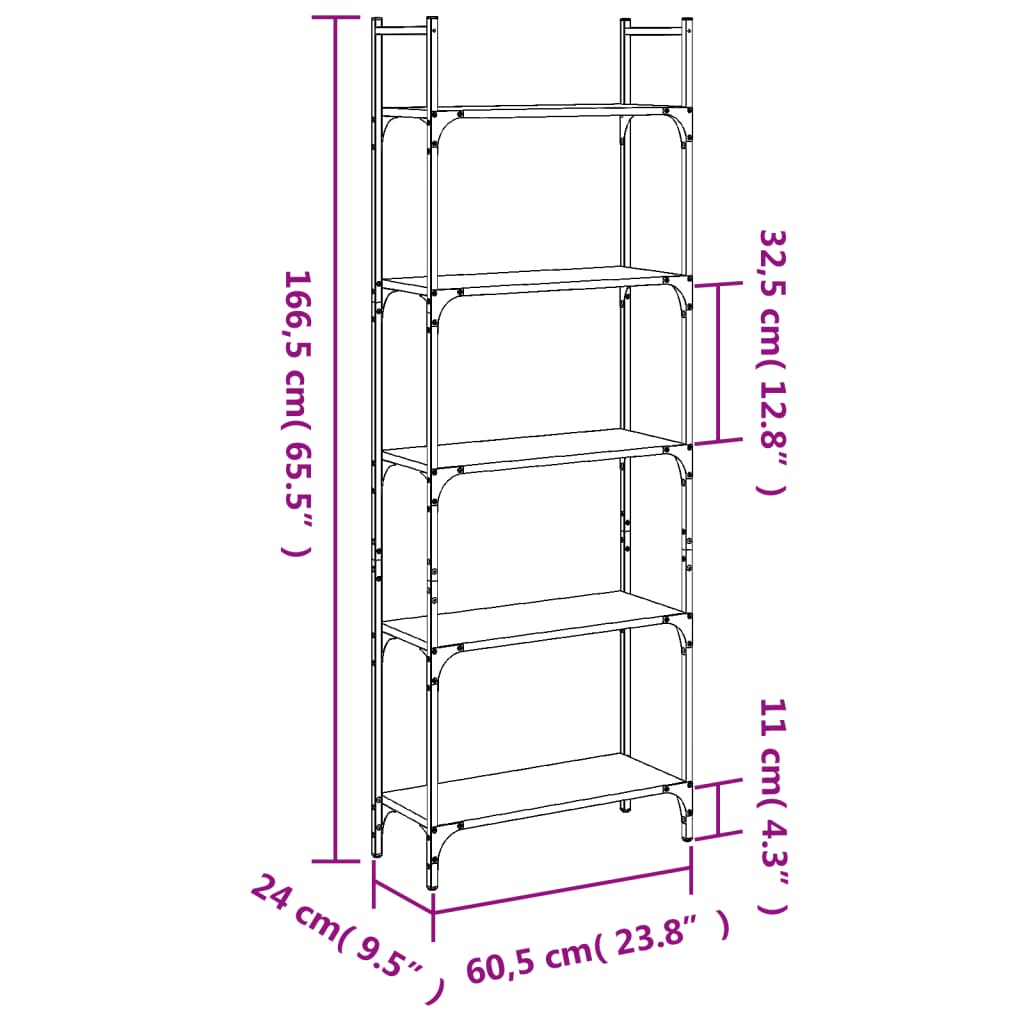Bokhylle 5 etasjer svart 60,5x24x166,5 cm konstruert tre