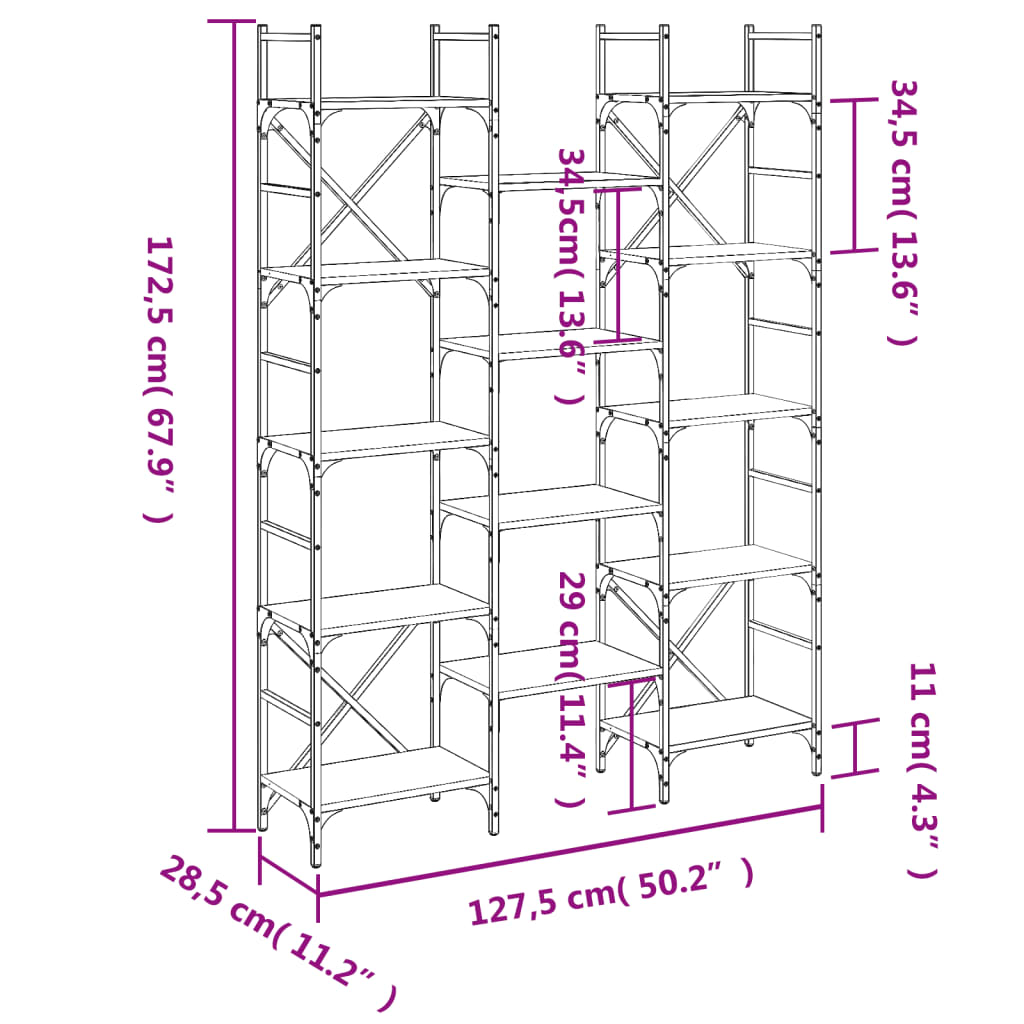 Bokhylle grå sonoma 127,5x28,5x172,5 cm konstruert tre