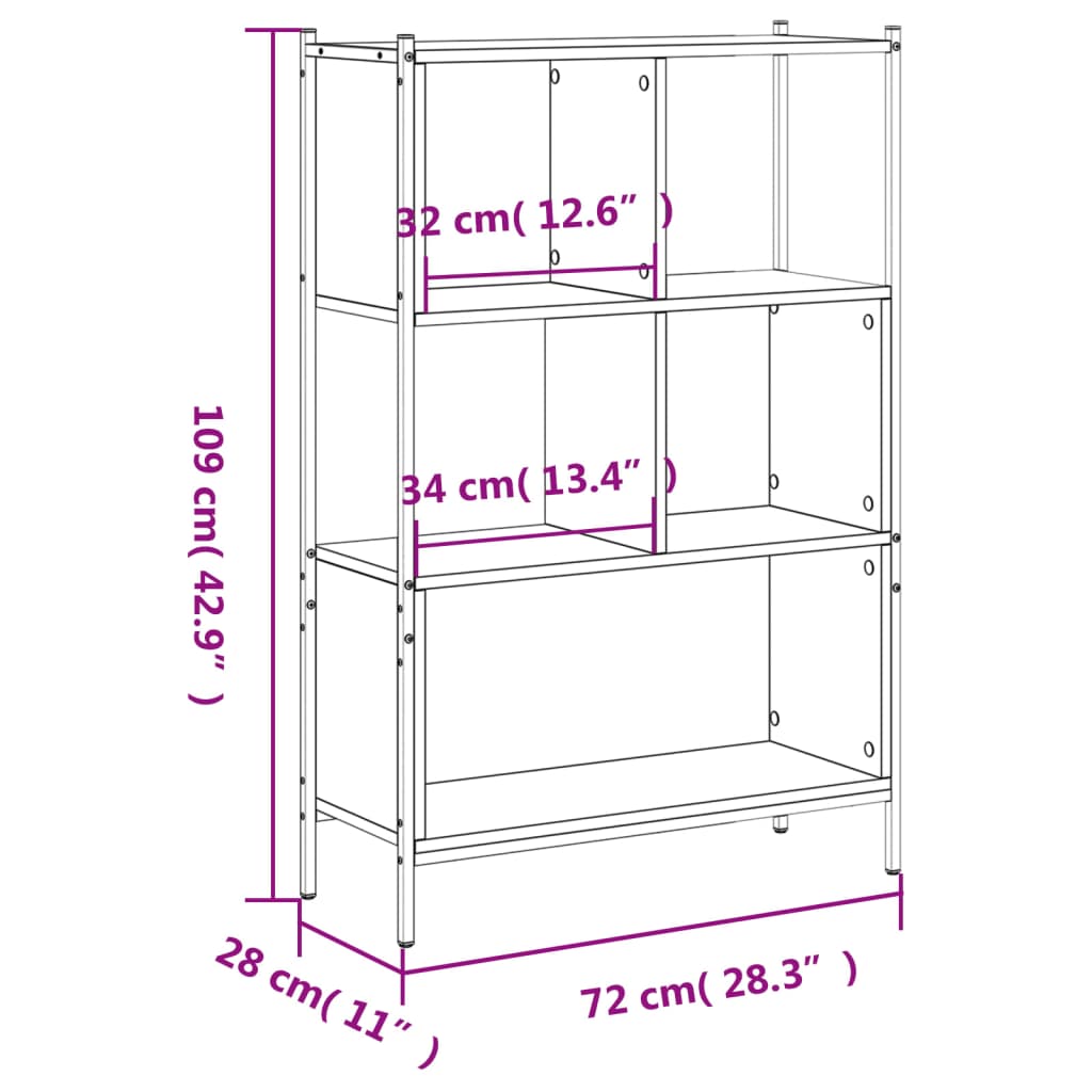 Bokhylle svart 72x28x109 cm konstruert tre