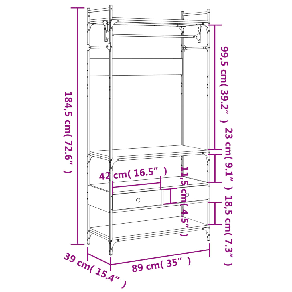 Garderobe med skuffer sonoma eik 89x39x184,5 cm konstruert tre