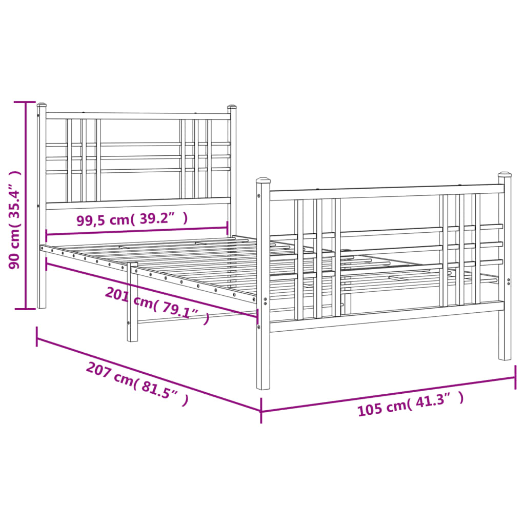Sengeramme i metall med hode- og fotgavl svart 100x200 cm vidaXL
