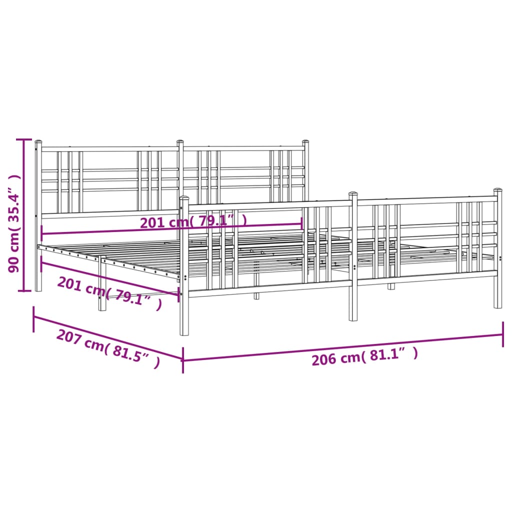 Sengeramme i metall med hode- og fotgavl svart 200x200 cm vidaXL