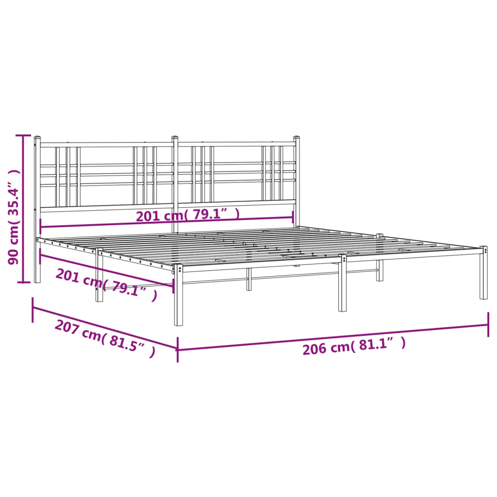Sengeramme i metall med sengegavl hvit 200x200 cm