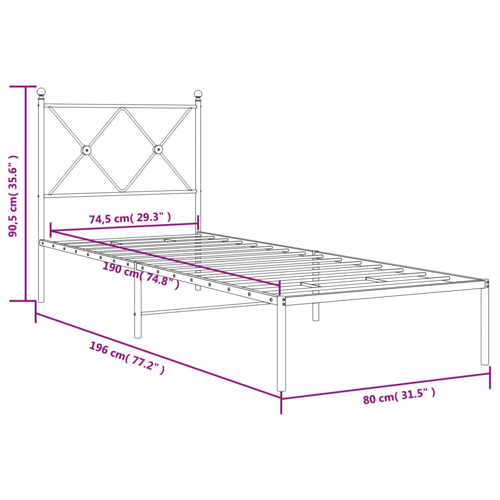 Sengeramme i metall med hodegavl svart 75x190 cm