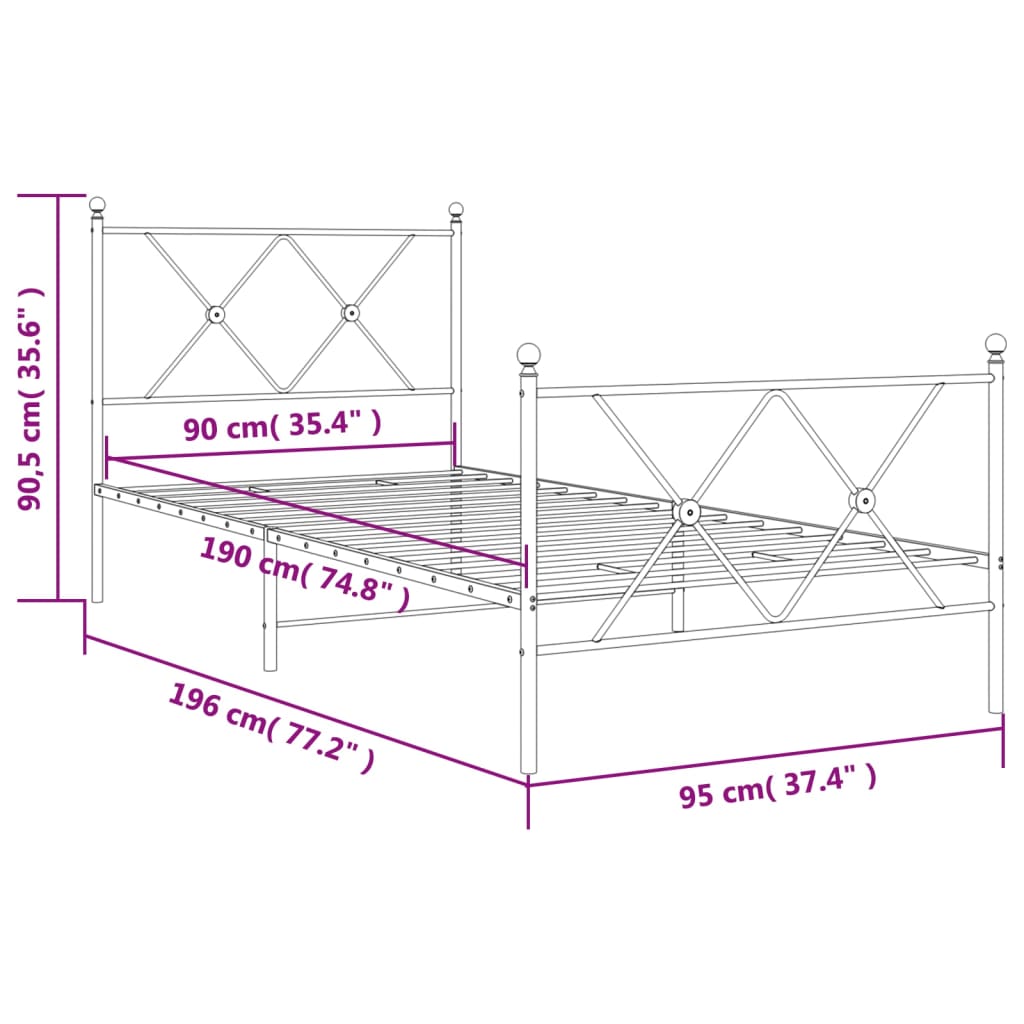 Sengeramme i metall med hode- og fotgavl svart 90x190 cm