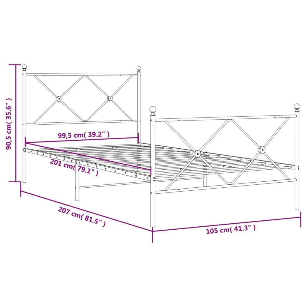 Sengeramme i metall med hode- og fotgavl svart 100x200 cm