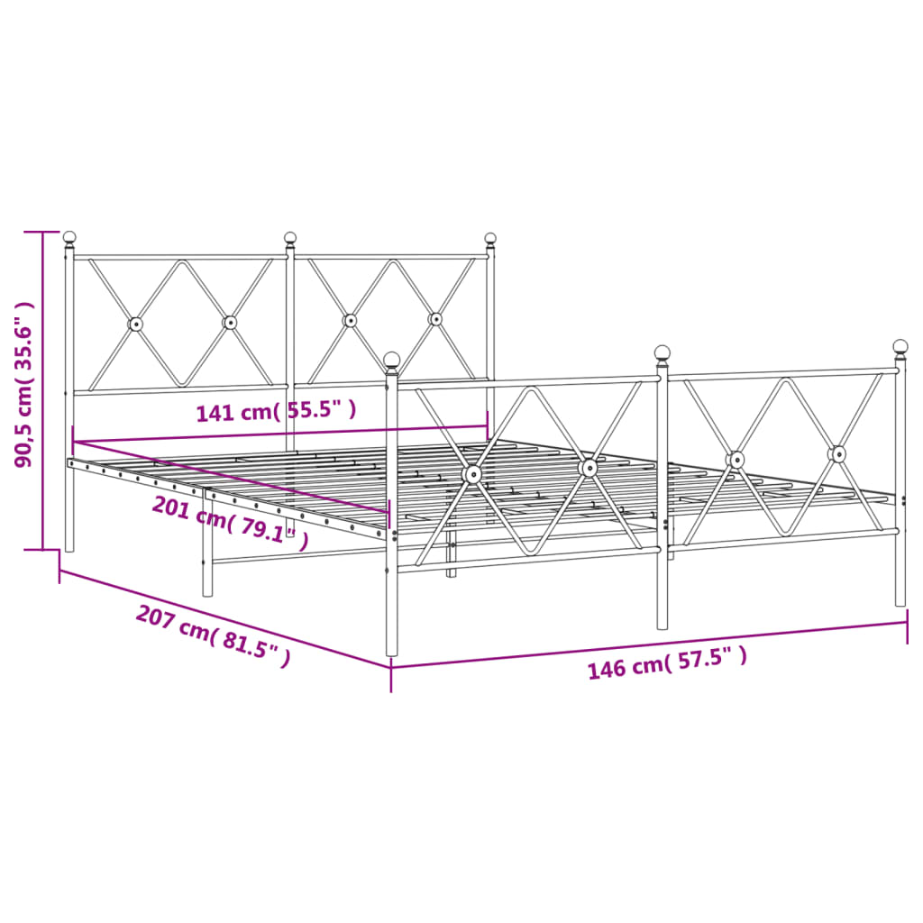Sengeramme i metall med hode- og fotgavl svart 140x200 cm