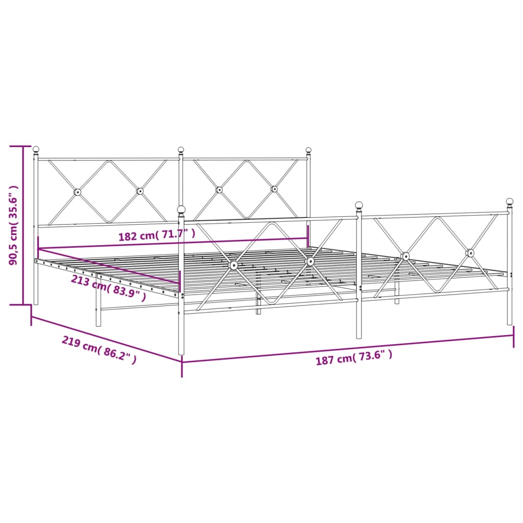 Sengeramme i metall med hode- og fotgavl svart 183x213 cm