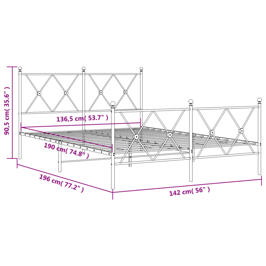Sengeramme i metall med hode- og fotgavl hvit 137x190 cm
