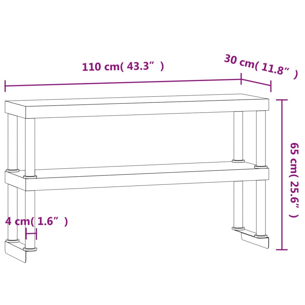 Overhylle til matlagingsbord 2 lag 110x30x65 cm rustfritt stål