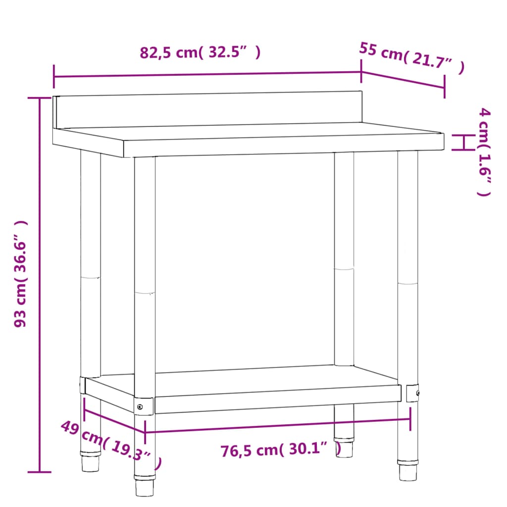 Kjøkkenbenk med bakplate 82,5x55x93 rustfritt stål
