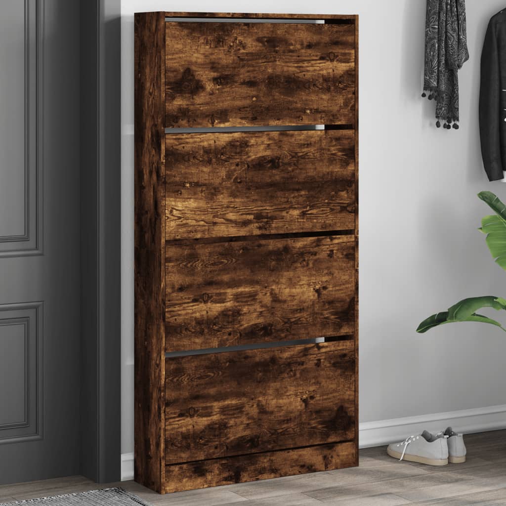 Skoskap med 4 vippeskuffer røkt eik 80x21x163,5 cm