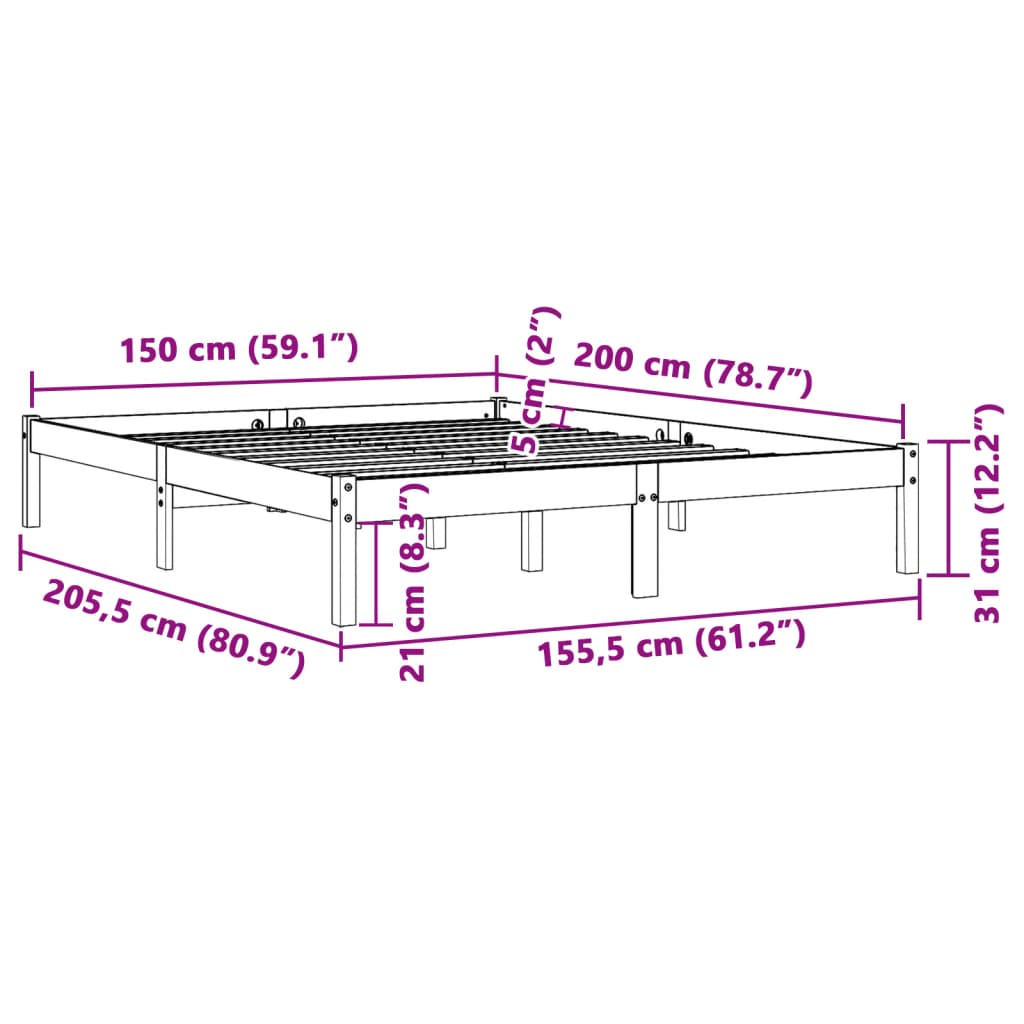 Sengeramme uten madrass brun 150x200 cm heltre furu