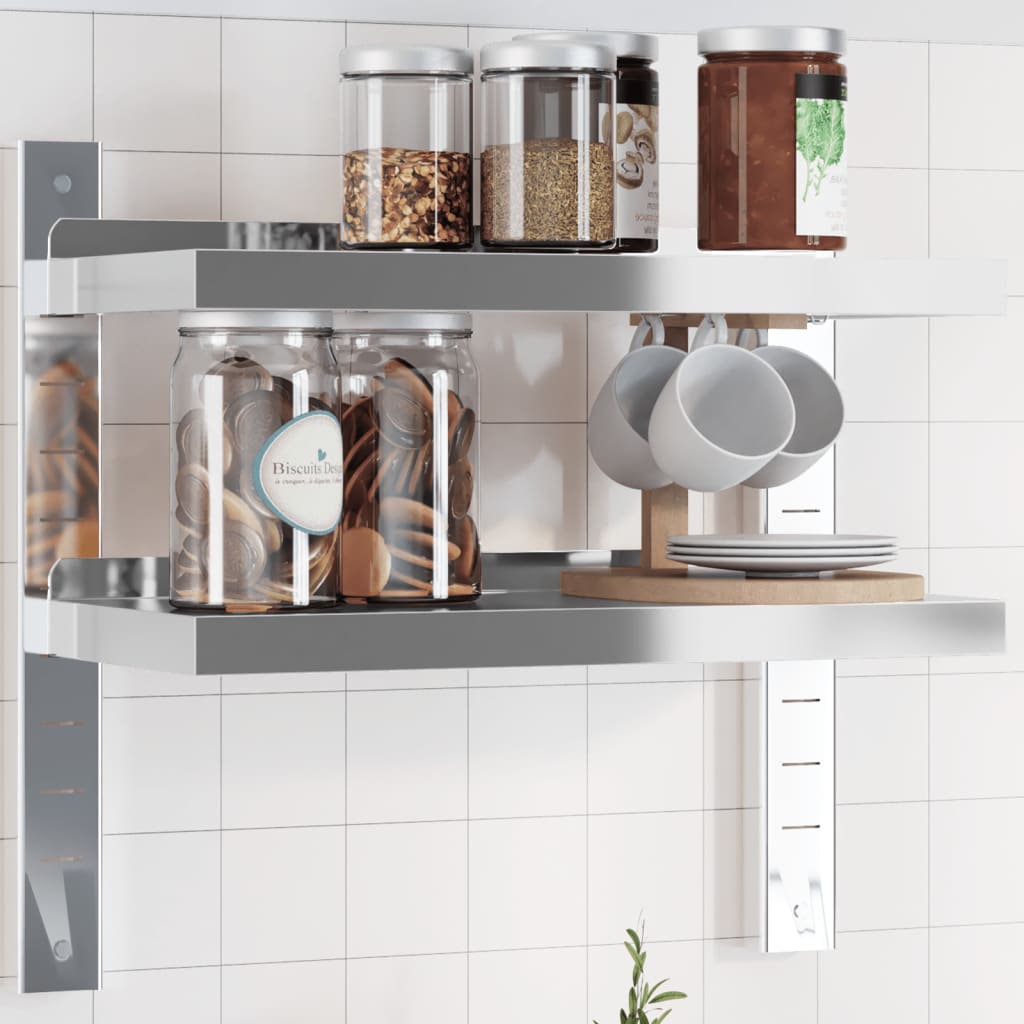 Vegghylle 2 etasjer 50x23,5x48 cm sølv rustfritt stål