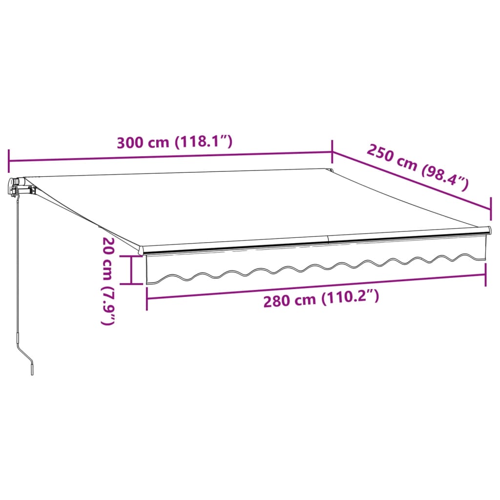 Manuell uttrekkbar markise med LED burgunder 300x250 cm