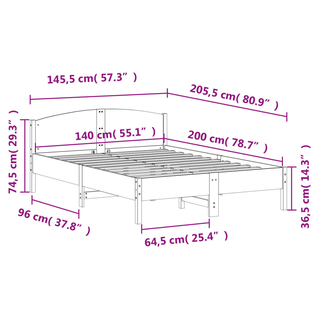 Sengeramme uten madrass hvit 140x200 cm heltre furu