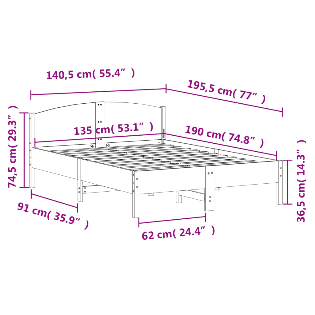 Sengeramme uten madrass hvit 135x190 cm heltre furu
