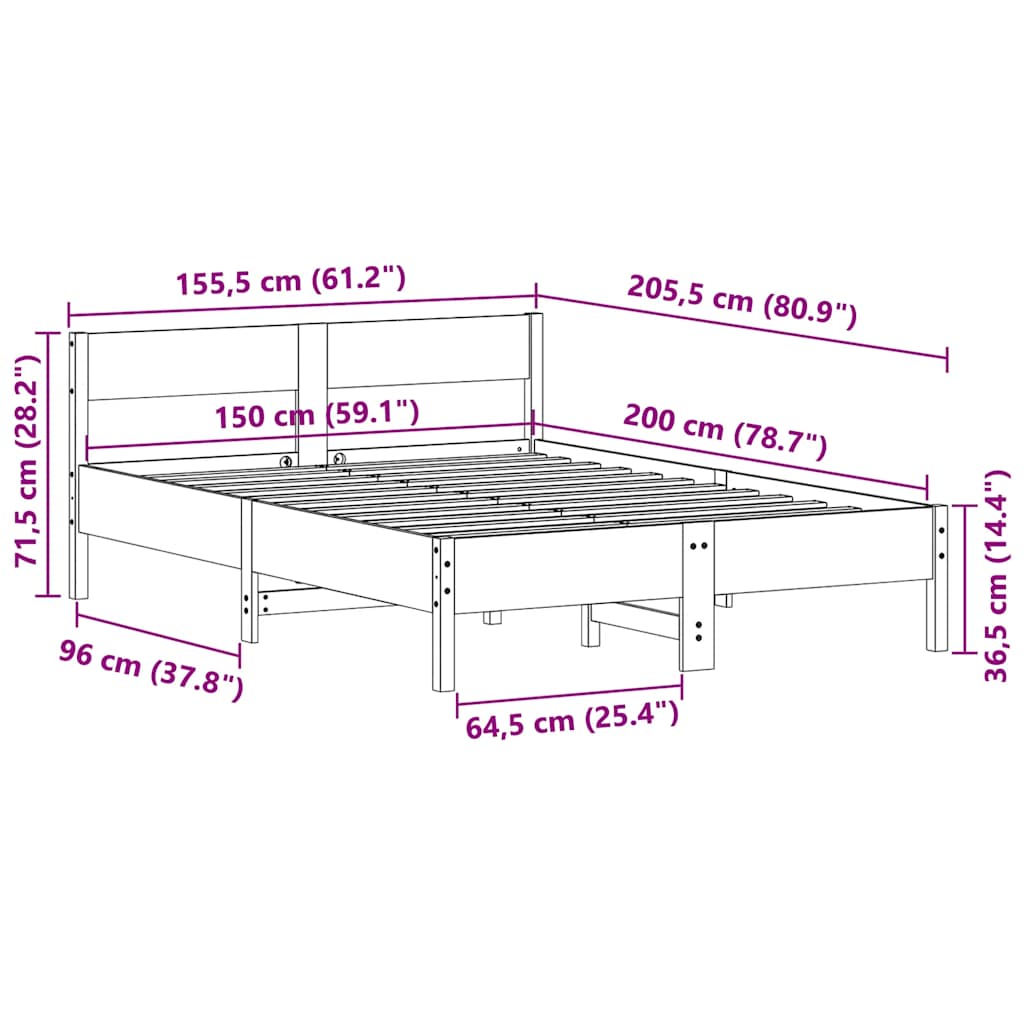 Sengeramme uten madrass hvit 150x200 cm heltre furu