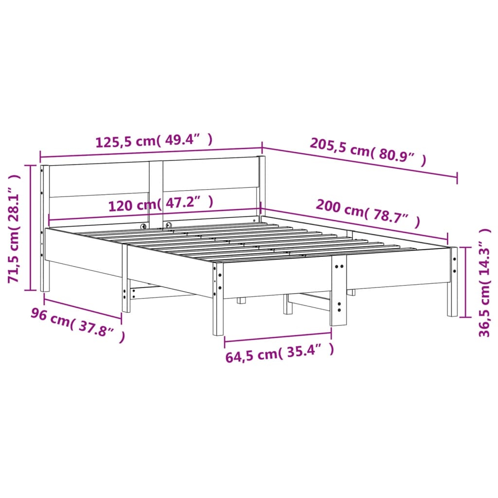 Sengeramme uten madrass hvit 120x200 cm heltre furu