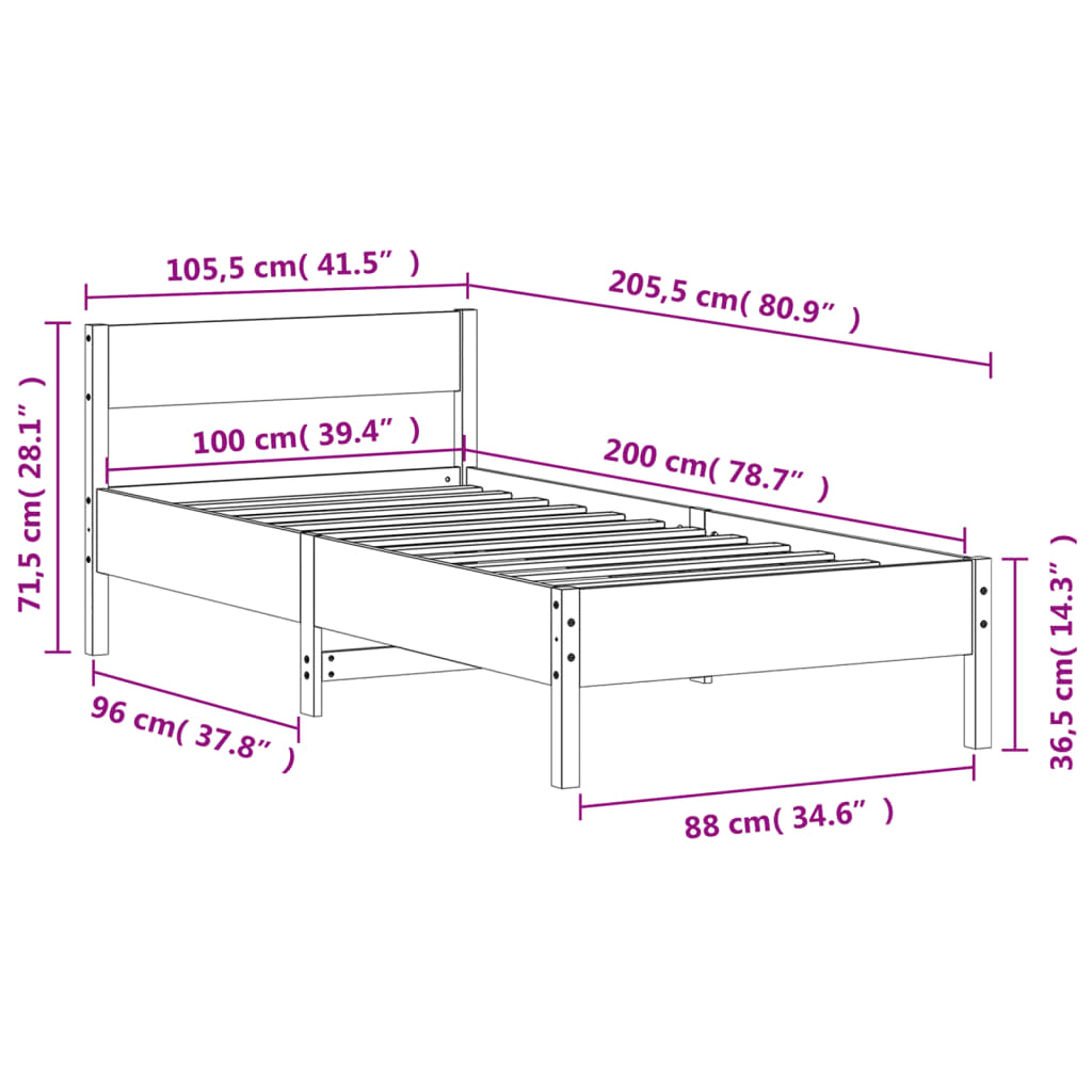 Sengeramme uten madrass hvit 100x200 cm heltre furu