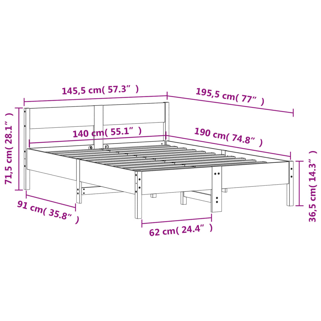 Sengeramme uten madrass hvit 140x190 cm heltre furu