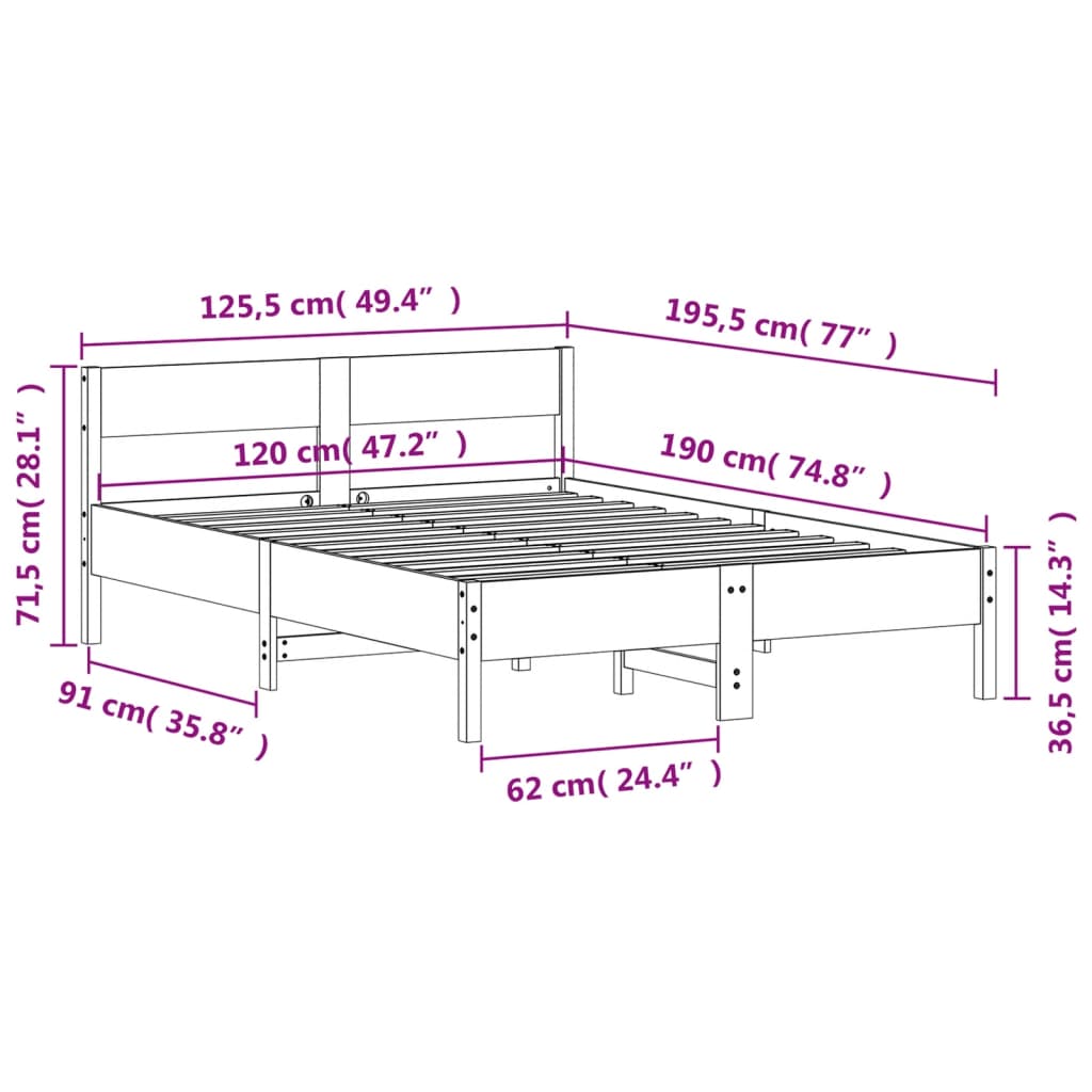 Sengeramme uten madrass voksbrun 120x190 cm heltre furu
