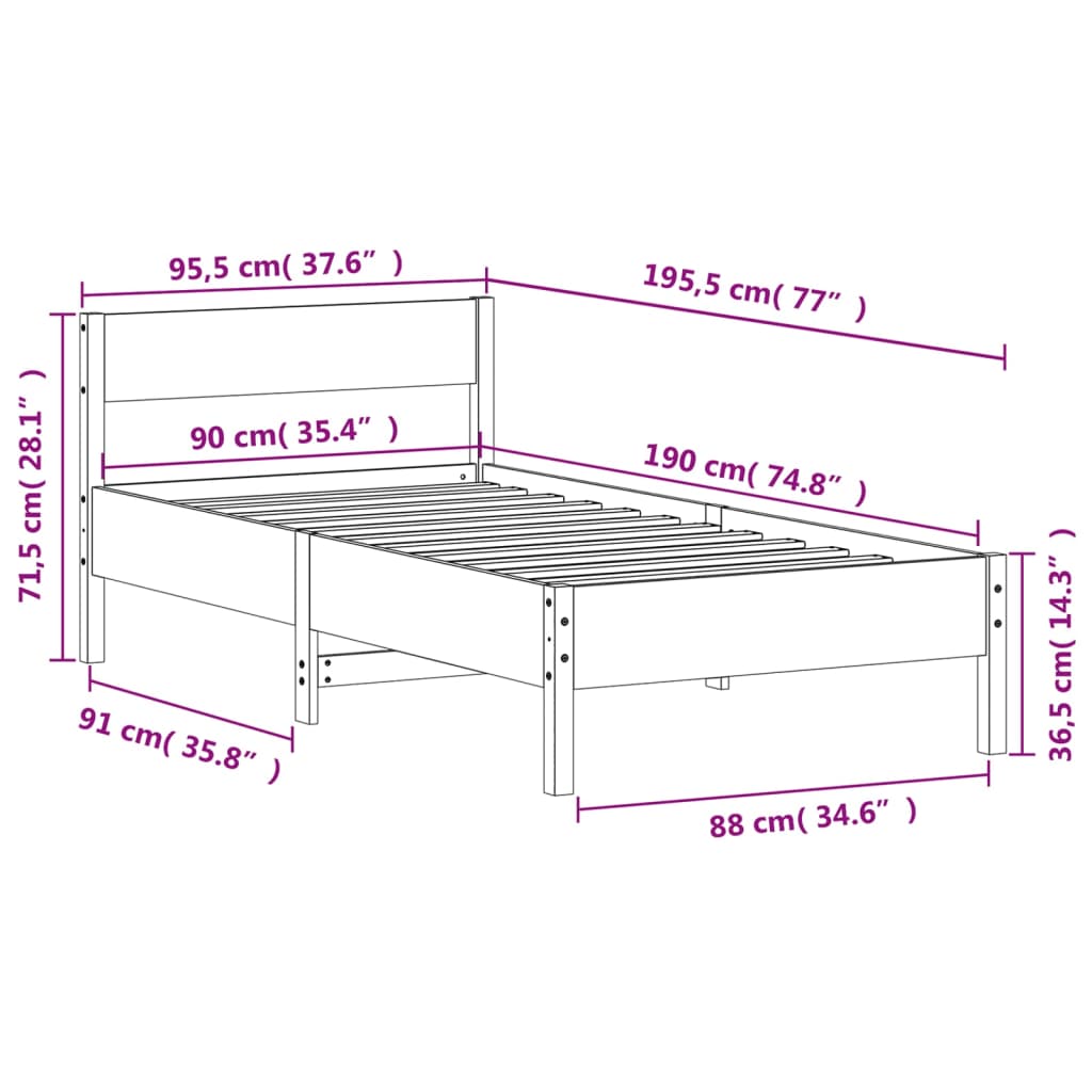 Sengeramme uten madrass hvit 90x190 cm heltre furu