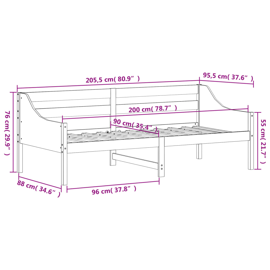 Dagseng uten madrass hvit 90x200 cm heltre furu