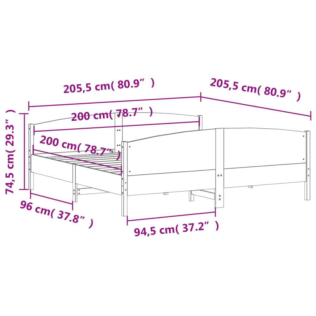 Sengeramme med madrass hvit 200x200 cm heltre furu