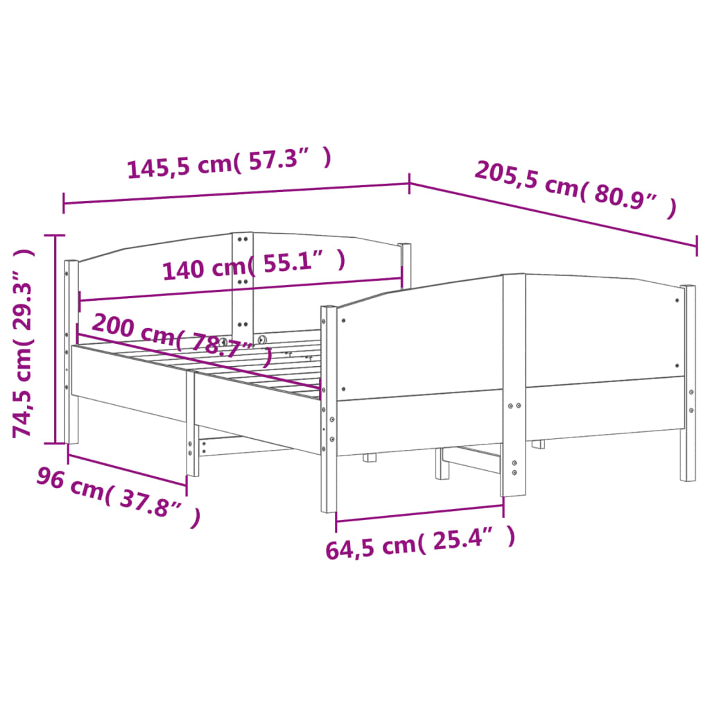 Sengeramme uten madrass hvit 140x200 cm heltre furu