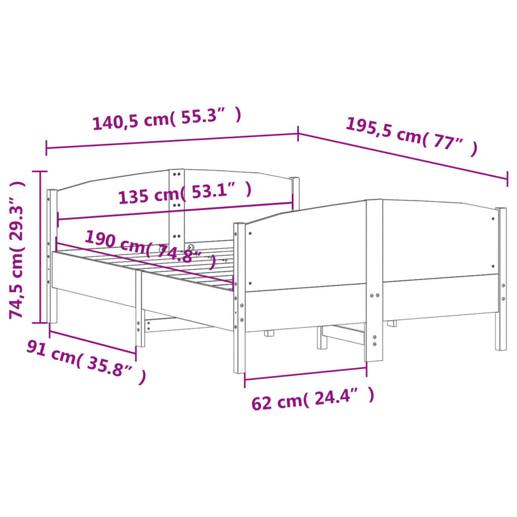 Sengeramme uten madrass hvit 135x190 cm heltre furu
